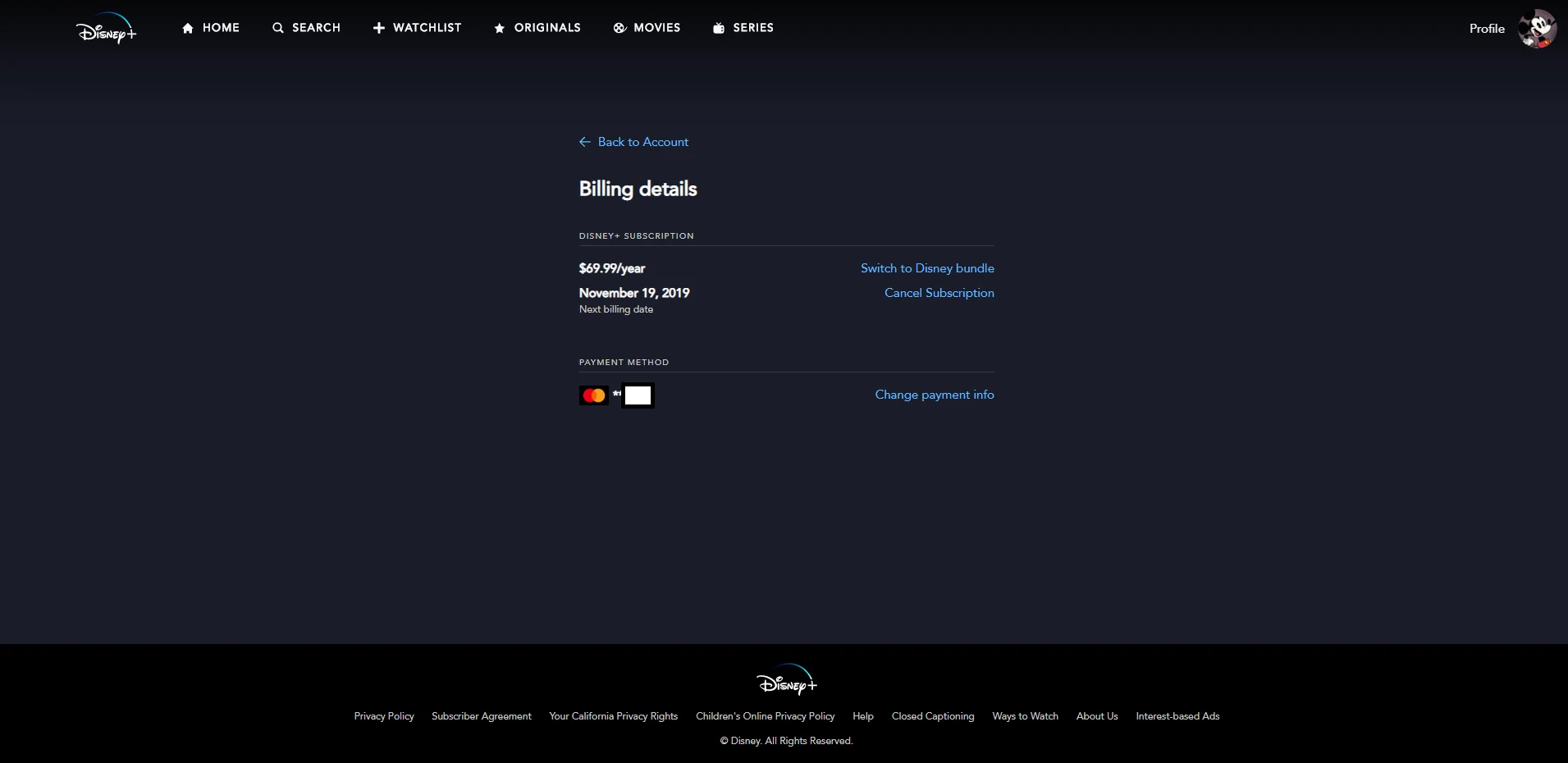 Disney Billing Details