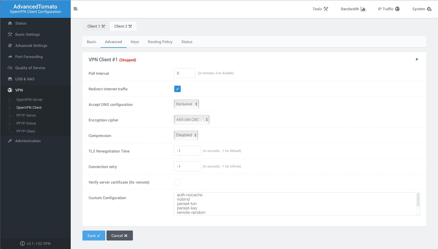 OpenVPN client configuration for Tomato router. Settings 2