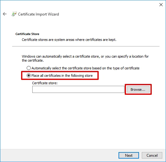 IKEv2 configuration for Windows PC - Choose the Place all certificates in the following store option