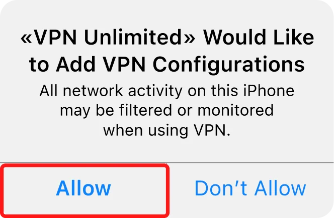 In order to proceed, please select Allow for the security requests and install the VPN profile