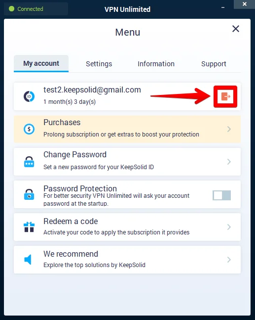 If you want to log out of your KeepSolid ID account, just click on icon: VPN app for Windows PC