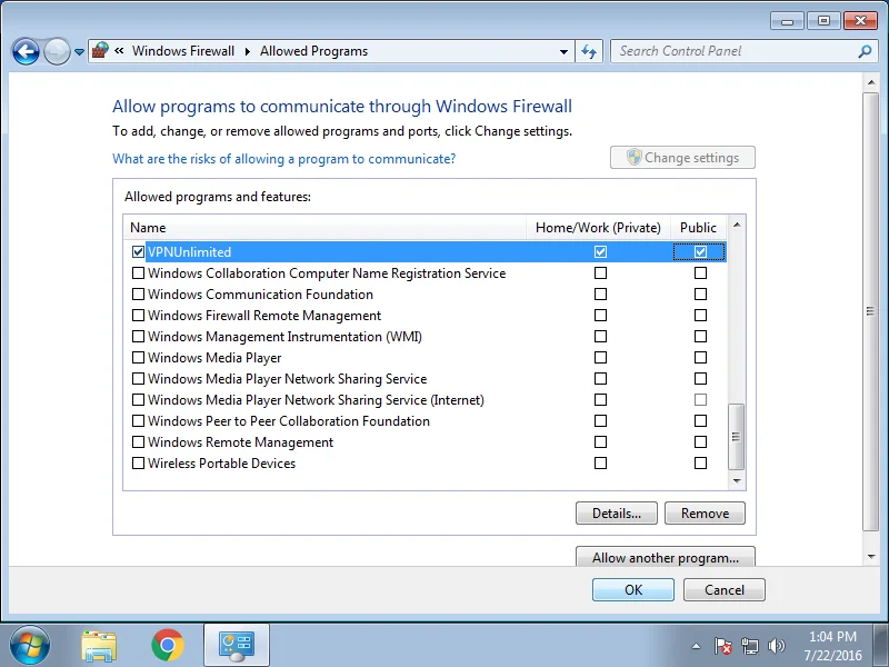 How to install VPN App on Windows 7 - Click Change settings and tick both checkboxes for VPN Unlimited