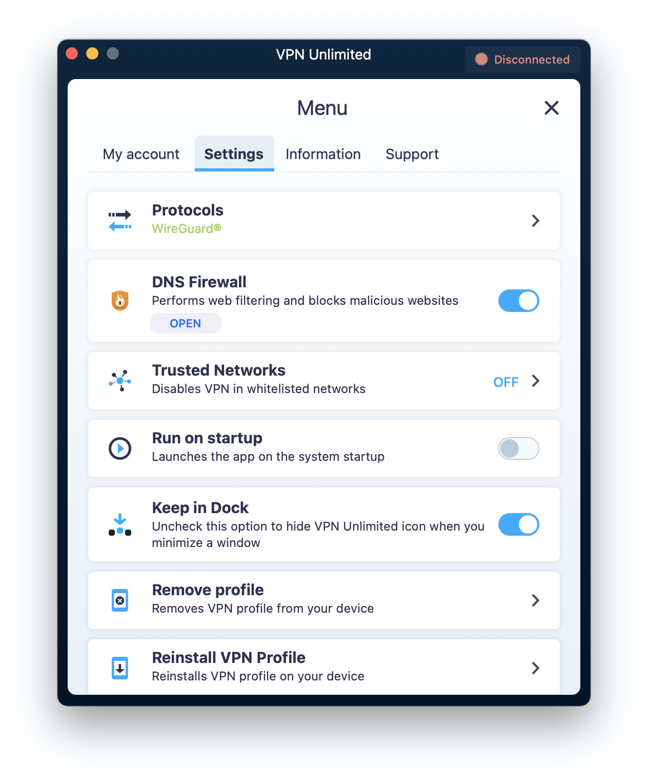 VPN Unlimited Settings screen on macOS device