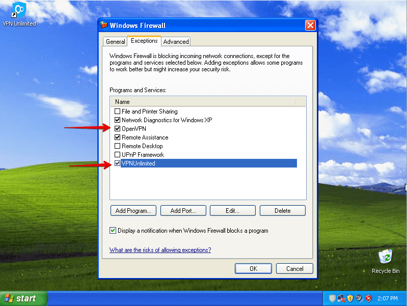 Allow the access for the openvpn.exe and vpn-unlimited.exe files at the start of the app